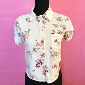 Brandy Melville Preppy White  Floral Button-Down Collared Blouse Shirt